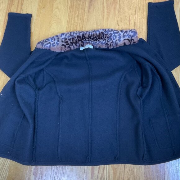 Talley Ho Cardigan Vintage Boiled Wool Black with Faux Leopard Print Collar (M) - Picture 5 of 8